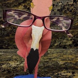 Pink Flamingo Eye Glasses Holder / Stand With Straw Hat 