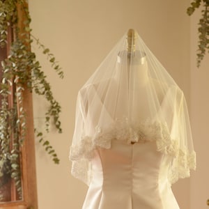 PEONY LACE VEIL | wedding veil, bridal veil, tulle veil, mantilla veil, embroidered veil, ivory veil, lace trim veil, beaded lace veil