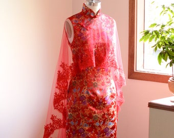TEA CEREMONY CAPE (with lace edging) | cheongsam cape, qipao cape, red bridal cape, red wedding cape, red sheer cape, red sheer bridal cape