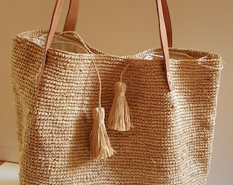 Handmade raffia tote bucket bag