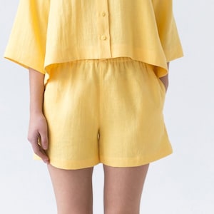 Linen loose fitting summer shorts, Yellow linen shorts, Relaxed fit shorts, Low rise linen shorts, Women linen clothing