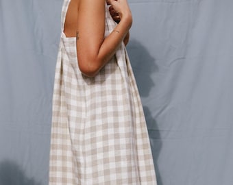 Handmade Beige Check Linen Maxi Dress – Sleeveless Origami Style Summer Clothing
