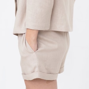 Linen high waist shorts, Classic summer shorts, Women beige shorts with pockets handmade by ManInTheStudio