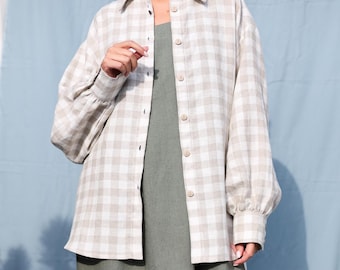 Women's Oversized Linen Shirt – Checkered Linen Blouse, Voluminous Sleeves, Handmade Sustainable Top