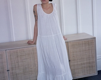 Sleeveless Linen Maxi Dress for Women – A-Line Ruffled Hem Dress with Pockets, Handmade