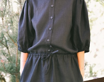 Linen Stand Collar Shirt for Women – Puffed Sleeve Button Up Top, Handmade