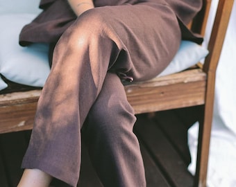 Linen Tapered Trousers for Women – Elastic Waist Pull On Pants, Handmade