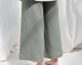 ウエストゴム入りワイドレッグリネンパンツ