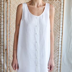 Sleeveless linen shirt dress, Linen button down dress, Casual linen dress, White linen dress, Summer dress