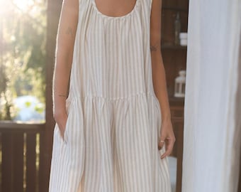 Sleeveless Linen Maxi Dress – Ruffled Hem Azure Stripe Dress handmade by ManInTheStudio