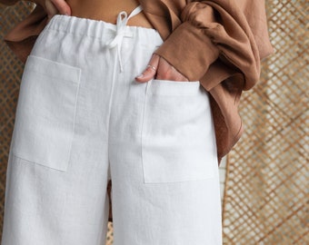 White linen cropped leg culottes with slits and patch pockets / ManInTheStudio