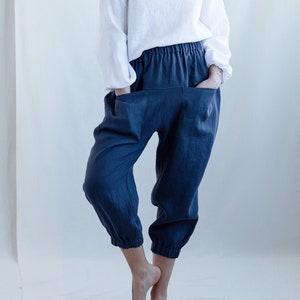 Baggy linen pull-on jogger trousers / handmade by ManInTheStudio