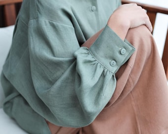 Oversized Linen Shirt for Women – Voluminous Sleeve Button Up, Handmade