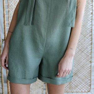 Linen Jumpsuit: Adjustable Straps, Short Leg Playsuit