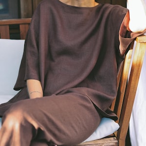 Linen plus size blouse, Brown oversized linen top, Wide sleeves top, Linen women blouse