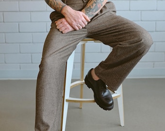 Pantalones de lana de espiga marrón para hombre: pantalones holgados de lana a medida