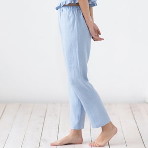 Handmade Sky Blue Linen Trousers: Women&#39;s Loungewear Pants
