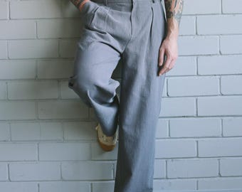 Men's Grey Linen Loose Leg Trousers - High Rise Relaxed Fit Linen Pants