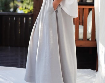 Light Grey Linen Maxi Skirt with Elastic Waist handmade by ManInTheStudio