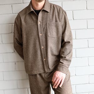 Men's Brown Herringbone Wool Overshirt / Loose Casual Wool Shirt Jacket