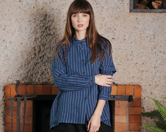 Contrast stripe linen shirt with mandarin collar