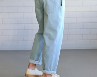 Vaqueros cónicos azul claro desteñido para hombre con cintura elástica: pantalones vaqueros de corte relajado
