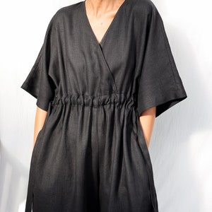 Black linen adjustable waist overall, Linen wide leg jumpsuit, Linen summer jumpsuit, Cropped leg linen romper, Women linen clothing