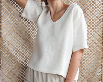 Linen oversized V-neck top / Handmade by MITS