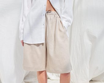 オーバーサイズ ワイドレッグ リネン バミューダショーツ