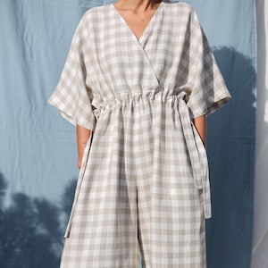 Linen wide leg jumpsuit, Adjustable waist overall, Checkered linen summer jumpsuit, Cropped leg linen romper, Women linen clothing