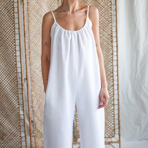 Handmade Linen Jumpsuit: Open Back Wide Leg Romper