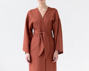 Natural linen bathrobe with pockets, Soft linen robe, Long morning linen gown, Gift for her