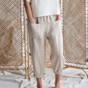 Linen tapered pull-on baggy pants in beige / Handmade by ManInTheStudio