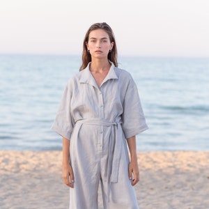 Wide leg linen jumpsuit with tie belt / ManInTheStudio