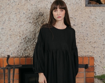 Black linen oversized dropped shoulders dress