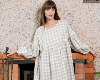 Linen oversized dress / Linen dress with puffy dropped shoulders sleeves