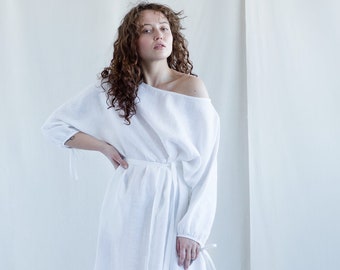 White linen tie belt dress / Handmade by MITS