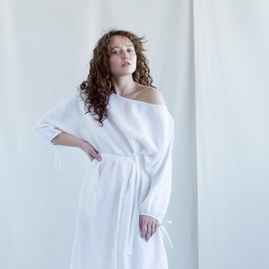 White linen tie belt dress / Handmade by MITS