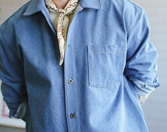 Men Light Blue Denim Overshirt / Denim Loose Fit Mens Shirt Jacket