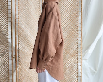 Long voluminous sleeve oversized shirt in hazel linen / Handmade by MITS