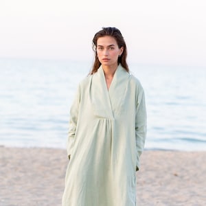 Lime Green Linen Kaftan Dress: Long Sleeve Summer Tunic