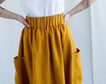 Linen Midi Skirt for Women – A-Line Skirt with Patch Pockets and Elastic Waist, Handmade