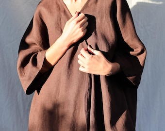 Oversized Linen Cardigan Jacket for Women – Wide Sleeve Layering Piece, Handmade