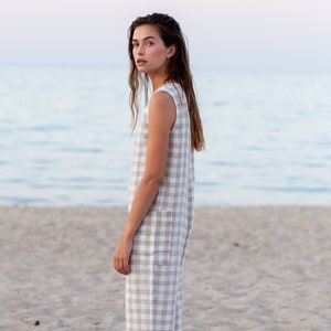 Linen sleeveless jumpsuit, Relaxed checkered romper, Woman everyday jumpsuit by the ManInTheStudio