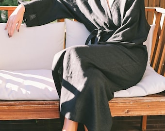 Linen Kimono Robe for Women – Long Linen Bathrobe with Pockets, Handmade