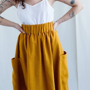 Handmade Mustard Linen Skirt: Midi A-Line Patch Pocket Skirt