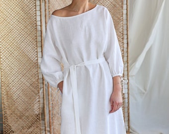 White linen long sleeve dress with ties / ManInTheStudio