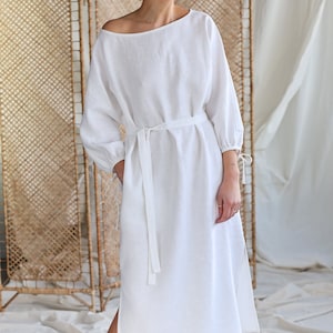 White linen long sleeve dress, Linen dress with ties, Summer wedding dress, Maxi linen dress, Beach wedding dress