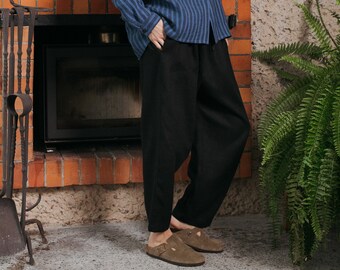 Baggy fit black linen pants with adjustable ties