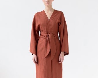 Long Kimono Gown with Pockets - Linen Maxi Wide Sleeves Bathrobe, Handmade